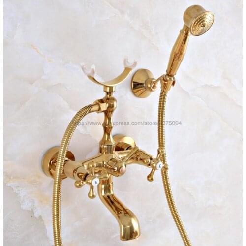 Bathtub Faucets Wall Mounted Gold Color Brass Bathtub Faucet With Hand Shower Bathroom Bath Shower Faucets Nna914