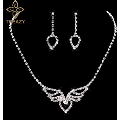 TREAZY Crystal Bridal Jewelry Sets Silver Color Rhinestone Heart Wing Shape Necklace Earrings Wedding Jewelry Set for Women