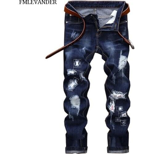 High Quality Plus Size 42 Fashion Hole Denim Jeans Straight Pants Stretch Denim Men Jeans Trousers