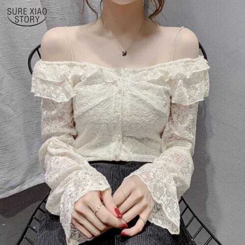 2021 Trumpet Sleeves One-way Neck Ladies Shirt Spring Solid Lace Women Blouse Slim Elegant Female Tops Women Clothes Blusa 15833