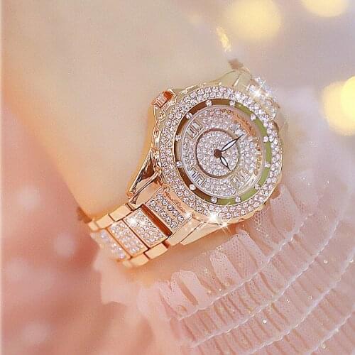 Hot Sale Women Full Diamond Rose Gold Luxury Watch Rose Gold Bracelet Stainless Steel Rhineston Wristwatch Female Crystal Watch