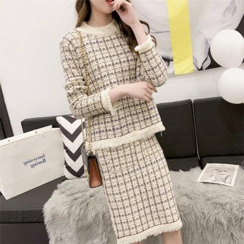2 piece outfits for women temperament knit womens suit autumn and winter new fashion plaid sweater skirt two-piece skirt