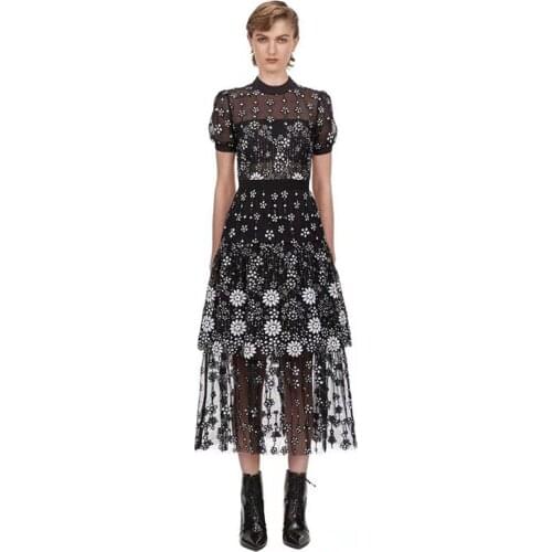 High Quality Runway Women Summer Black Floral Sequins Embroidery Gauze Dress Short-Sleeved Slim Ruffles Cake Mesh Long Dresses