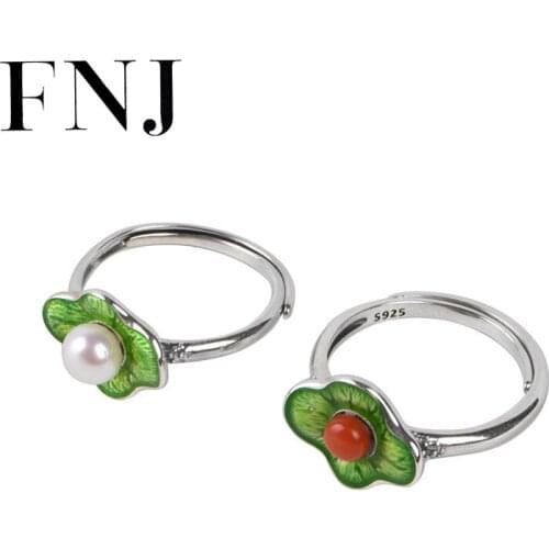 FNJ Cloisonne Lotus Ring 925 Silver New Original S925 Sterling Silver Rings for Women Jewelry Adjustable size Pearl Red Agate