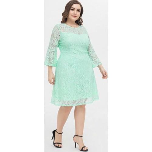 Evening Dresses Plus Size 4XL 2021 Fresh Elegant Loose Casual Lace Mint Green Round Neck Waist Repair Long Sleeve Knee Length