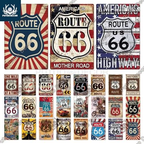 Putuo Decor Route 66 Tin Sign Vintage Metal Sign Plaque Metal Vintage Retro Garage Wall Decor for Bar Pub Man Cave Gas Station