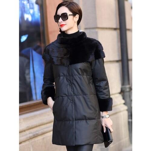 Coat Winter 2020 Women Leather Jacket Real Mink Fur Collar Down Jacket Women Genuine Sheepskin Coat Long Jackets MY4456 s
