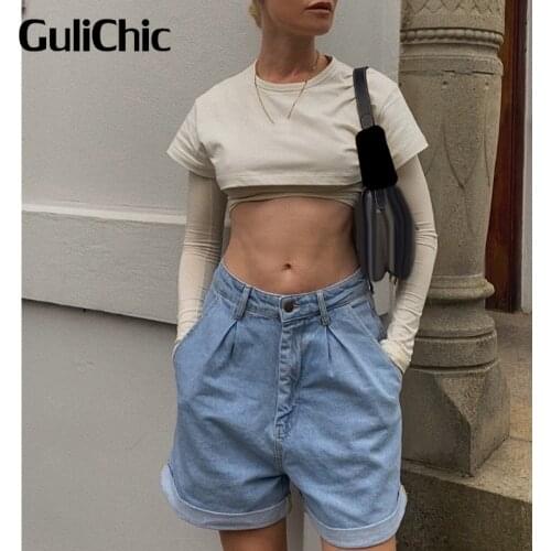 7.30 GuliChic Womens Round Neck Long Sleeve Cotton Soft Comfortable Short Fake Two Piece T-Shirt