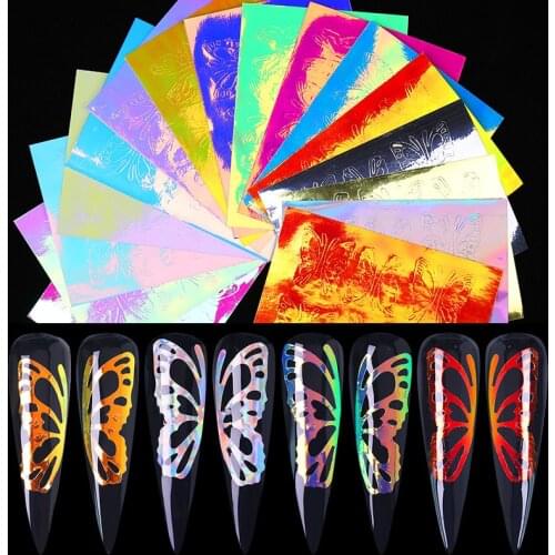 16pcs 1 set Nail Stickers decal with Holographic Butterfly Wings I Nail Decals Vinyl Nail Decals Butterfly Nail Art Holographic