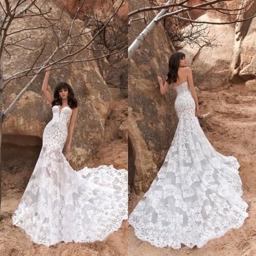 2020 Mermaid Wedding Dresses Sweetheart Sleeveless Lace Appliques Bridal Gowns Sexy Backless Sweep Train Wedding Dress