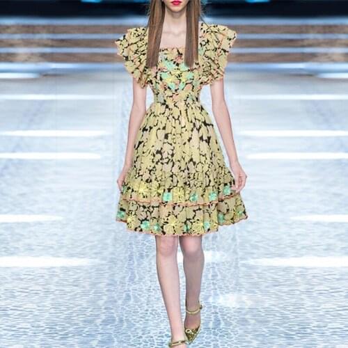 2021 Summer Dress Women Fashion Design Butterfly Sleeve Embroidery Printed Ruffles High Street Dresses