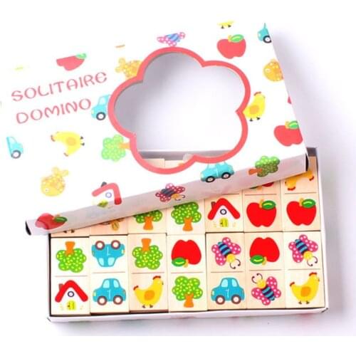 28Pcs Wooden Domino Blocks Fruit Animal Recognize Toys Educational Jigsaw Childrens Montessori Building Blocks Learning Toy Set