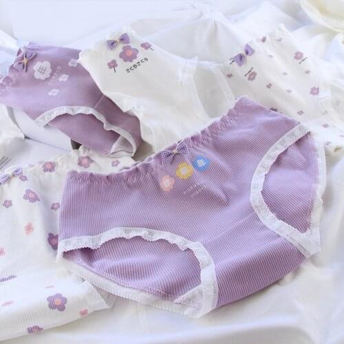 5Pcs/1lot Kids Floral Print Underwear Purple Teenage Girls Lace Bow Briefs Janpanese Style Cotton Underwear Sweet Underpants