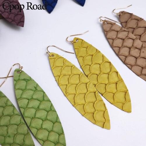 Cpop New Fish-scale Pattern Genuine Leather Earrings for Women Colorful Statement Leaf Earring Fashion Jewelry Women Accessories