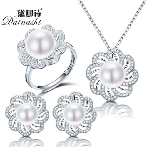 Dainashi new freshwater pearl jewelry sets with pearl necklace pearl adjustable rings pearl earrings of 925 sterling silver
