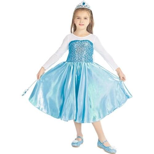 Childrens Day Princess Evening Prom Dresses for Girls Elsa Summer Costume Kids Cosplay Party Birthday Blue Long Sleeve Clothes