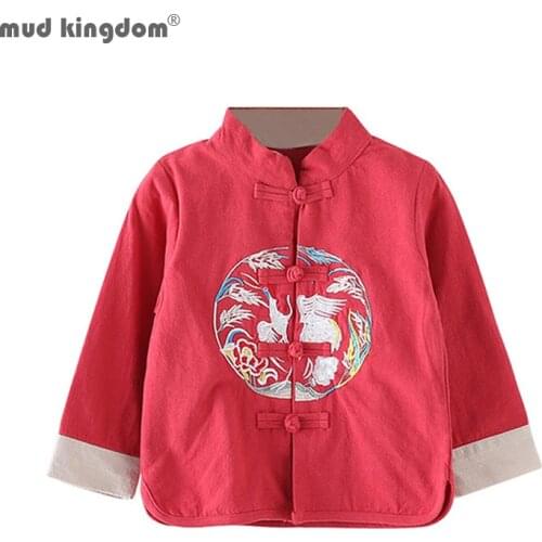 Mudkingdom Baby Boys Girls Chinese Style T-Shirts Long Sleeve Cotton Fashion Embroidery Children Tops Casual Kids Clothes