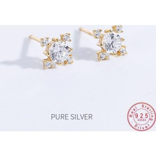 HI MAN 925 Sterling Silver Plated 14K Gold Korean Simple Shiny Crystal Stud Earrings Women Anniversary Jewelry