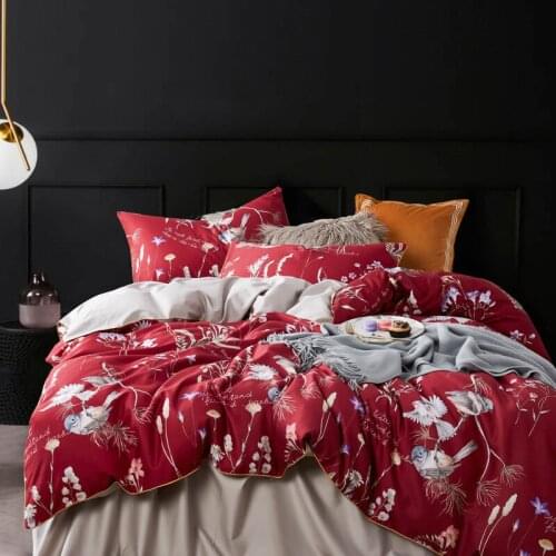Long-staple Cotton Satin Digital Print Bedding Set 4pcs Cotton Wedding Quilt Cover Sheet Pillowcase Flower Bird Print Luxury