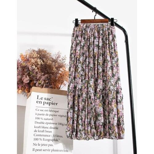 Summer Skirt Womens Retro Floral Chiffon Pleated Skirt Stretch Elastic High Waist Casual Midi Skirt Women Pleated Skirts