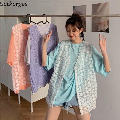 Sweet Vests Lace Kawaii Hollow Out Single Breasted V-neck Plus Size L-4XL Waistcoats Female Korean Style Streetwear All-match