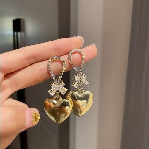 Fashion Crystal Bowknot Alloy Heart Dangle Earrings Contracted Joker Long Women Drop Earrings Jewelry Exaggerated