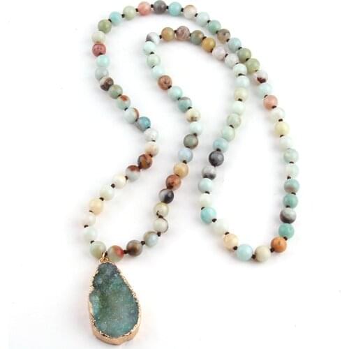MOODPC Fashion Bohemian Tribal Jewelry long Knotted Amazonite Natural Druzy Drop Pendant Stone Necklace