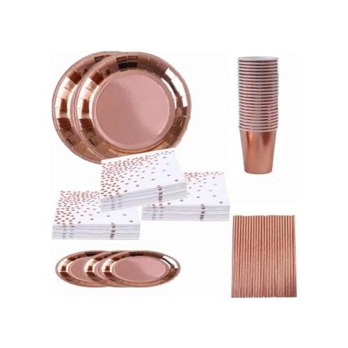 8pcs High Quality Rose Gold Disposable Tableware Set Plate/Napkin Adult Happy Birthday Party Decor Kids Wedding Birthday Supplie