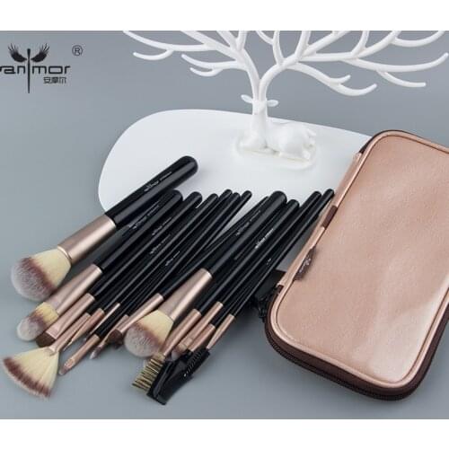 Anmor 15PCS Professional Makeup Brushes Set Black Wood Handle Brand Set & Kits Brush For Make Up Eye Comb Brush With Rose Case