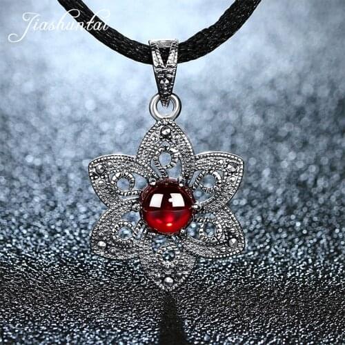 JIASHUNTAI Retro 925 Silver Sterling Pendant Necklace Female Silver Jewelry For Women Red Stone Six-pointed Star