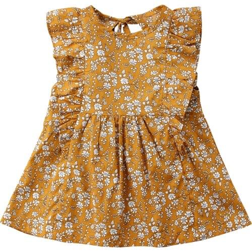 Retro Girl Floral Dress Baby Kids Princess Party Tutu Ginger Yellow Clothes New