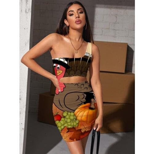 Giyu Brand Thanksgiving Dress Women Animal 3d Print Maple Leaf Pleating Food Halter Sleeveless Womens Clothing Mini Evening New