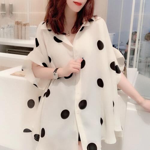 European Station 2021 Summer Womens New Large Size Bat Sleeve Polka Dot Chiffon Shirt Cloak White Black Mid-Length Top D81
