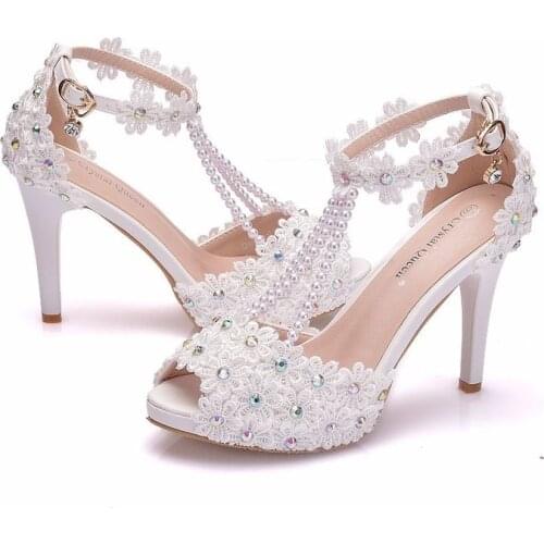 Women sandals wedding Party Lace PU Rhinestones Buckle Strap 10CM Thin High heels Peep Toe waterproof women sandals size 35-42