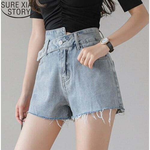2021 Summer New Blue Jean Denim Shorts for Women Simple High Waist Shorts Women Wide Leg Vintage Irregular Shorts Female 8942 50
