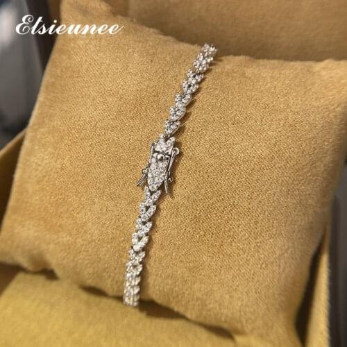 ELSIEUNEE 100% 925 Sterling Silver Leaf Simulated Moissanite Gemstone Wedding Charm Bracelets Bangle Fine Jewelry Drop Shipping