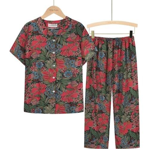 2021 New Fashion Summer Comfortable Mother Pants Sets Flower Woman Colorful Female Short Sleeve Casual Plus Size Home Clothes