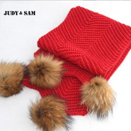 6-24months Baby Knitted Wool Sarves Hand Crochet with Real Natural Raccoon fur Scarves for Neck Warm Baby Winter Scarf