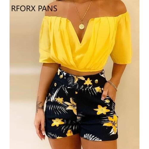Women Off Shoulder Ruched Top & Tropical Print Shorts Set Two Pieces Set