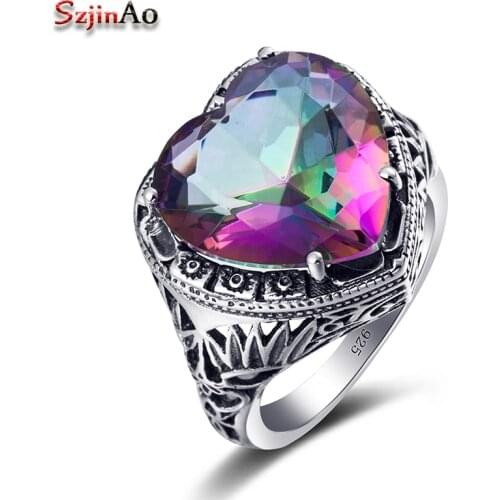 Szjinao Heart Shaped Rainbow Mystic Topaz Solid 925 Sterling Silver Big Stone Rings for Women Valentines Day Love You