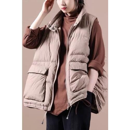 2021 New Womens Winter Loose Stand Up Tie Concealed Buckle Drawstring Zipper White Duck Down Vest For Fashion