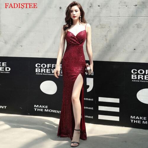 Burgundy stretch sequin sexy slit pleat trumpet vestidos de fiesta de noche prom party evening dresses robe de soiree gown long