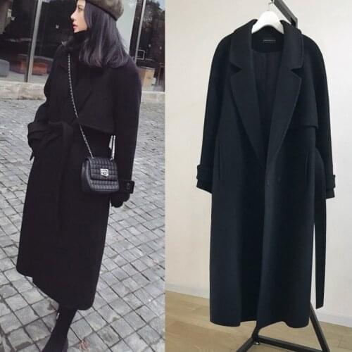 Womens 2020 New Double-Sided Woolen Coat Casual Mid-Length Black Wool Coat Female Long-Sleeved Dark Button Outwear Mujer Q318