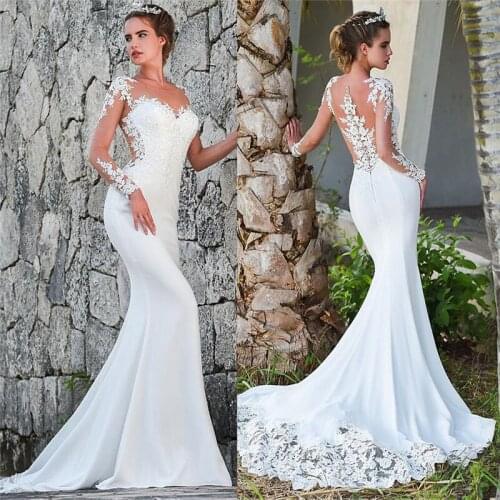 Elegant Mermaid Wedding Dress Lace Appliques Long Sleeveless Chiffon Bridal Gowns Illusion Back With Button Vestidos De Novia