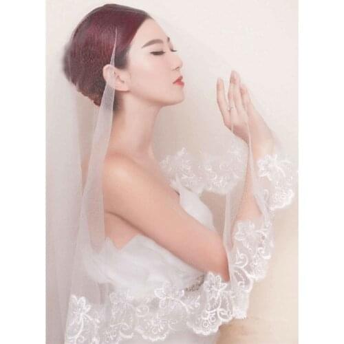 150cm Women Bridal Short Wedding Veil White One Layer Lace Flower Edge Appliques
