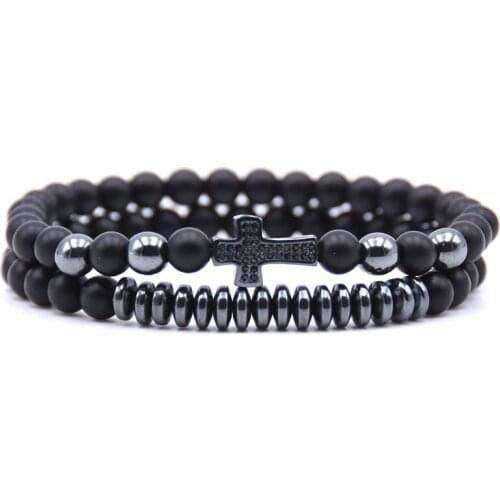 2Pcs/Set Micro Pave CZ Disco Cross 6MM Black Natural Stone Energy Bead Bracelets Bangles Prayer Punk Men Bracelet