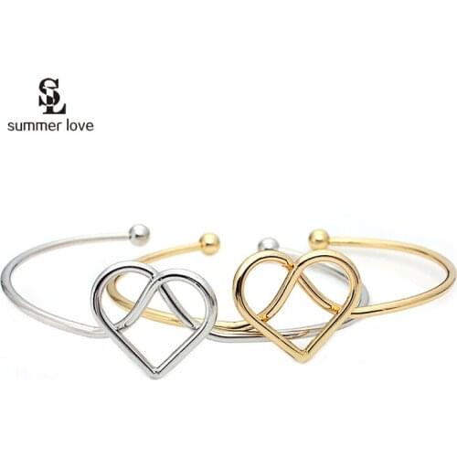 2019 New Fashion Gold Color Double Heart Bracelets Wire Knot Open Bracelet Cuff Bangle Gift For Women Jewelry Gift Wholesale