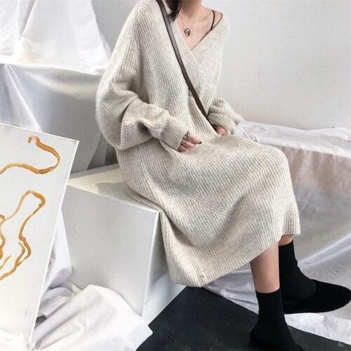 Black Knitwear Dresses Thick Sweater Dress Women 2021 Winter Casual Solid Knitted Pollover Autumn Warm Woman Korean Vestidos