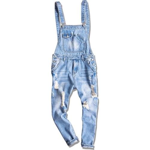 Mens casual Loose Work Clothes Extra Large 5XL Denim Overalls huge pants piece Denim jumper pants Hole Nine pants suspenders