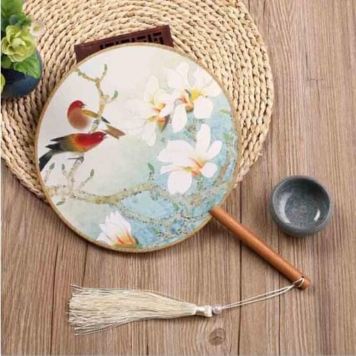 Chinese Hand Fan Hanfu Women Chinese Ancient Round Wooden Handle Printed Fan Chinese Cheongsam Hanfu Hand Fan Gift for Women